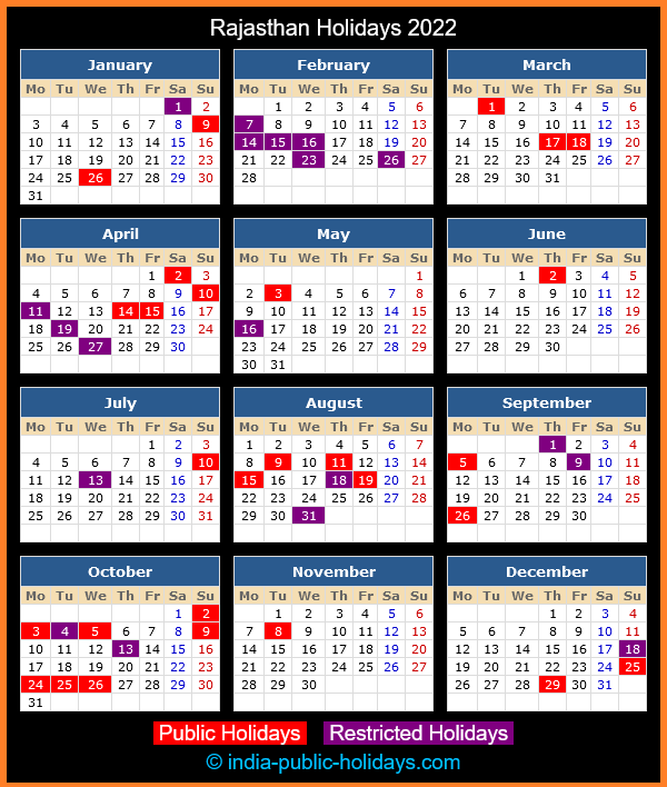 Rajasthan Holiday Calendar 2022